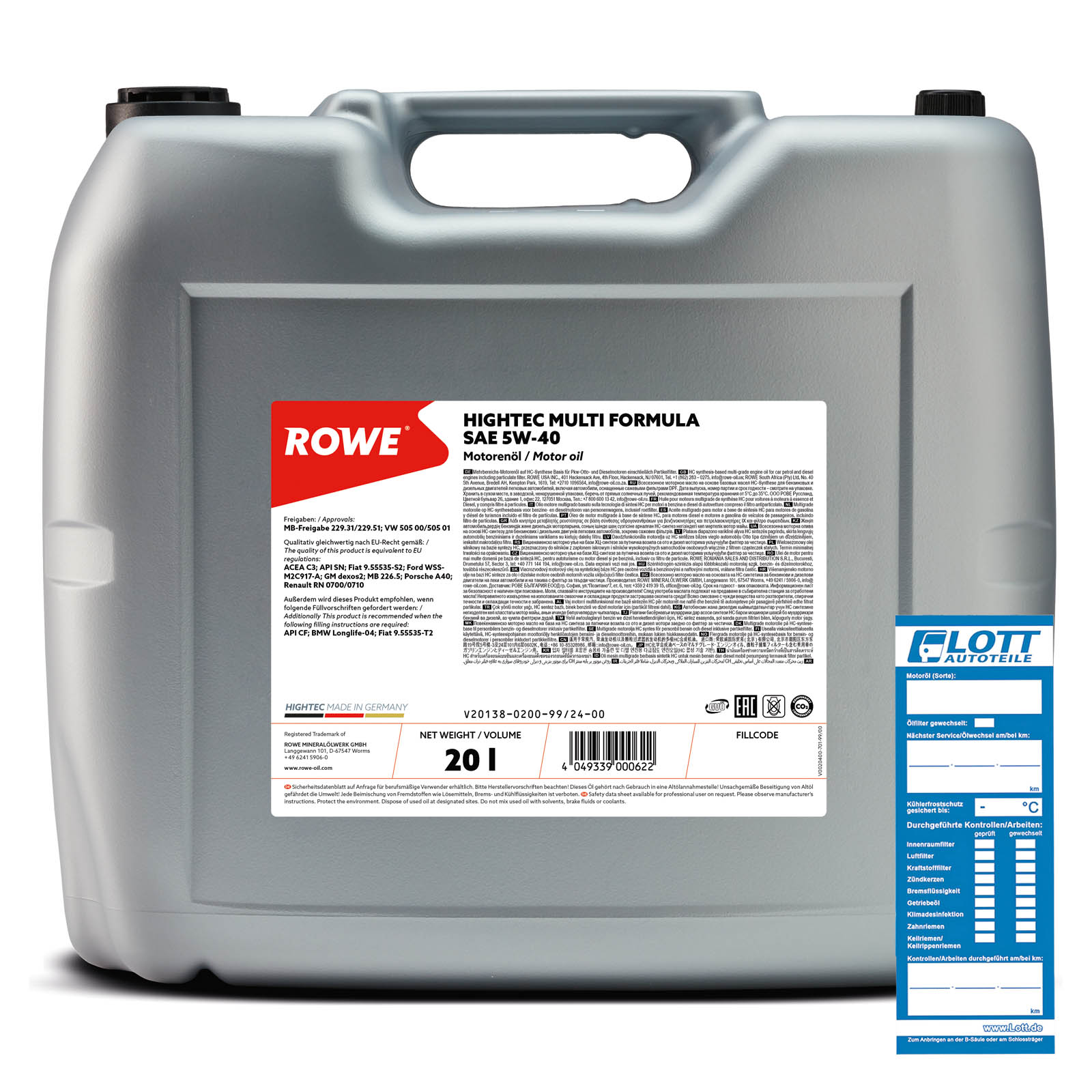 20L ROWE Motoröl Multi Formula 5W-40 MB 229.31 229.51 VW 505 00 505 01 B...