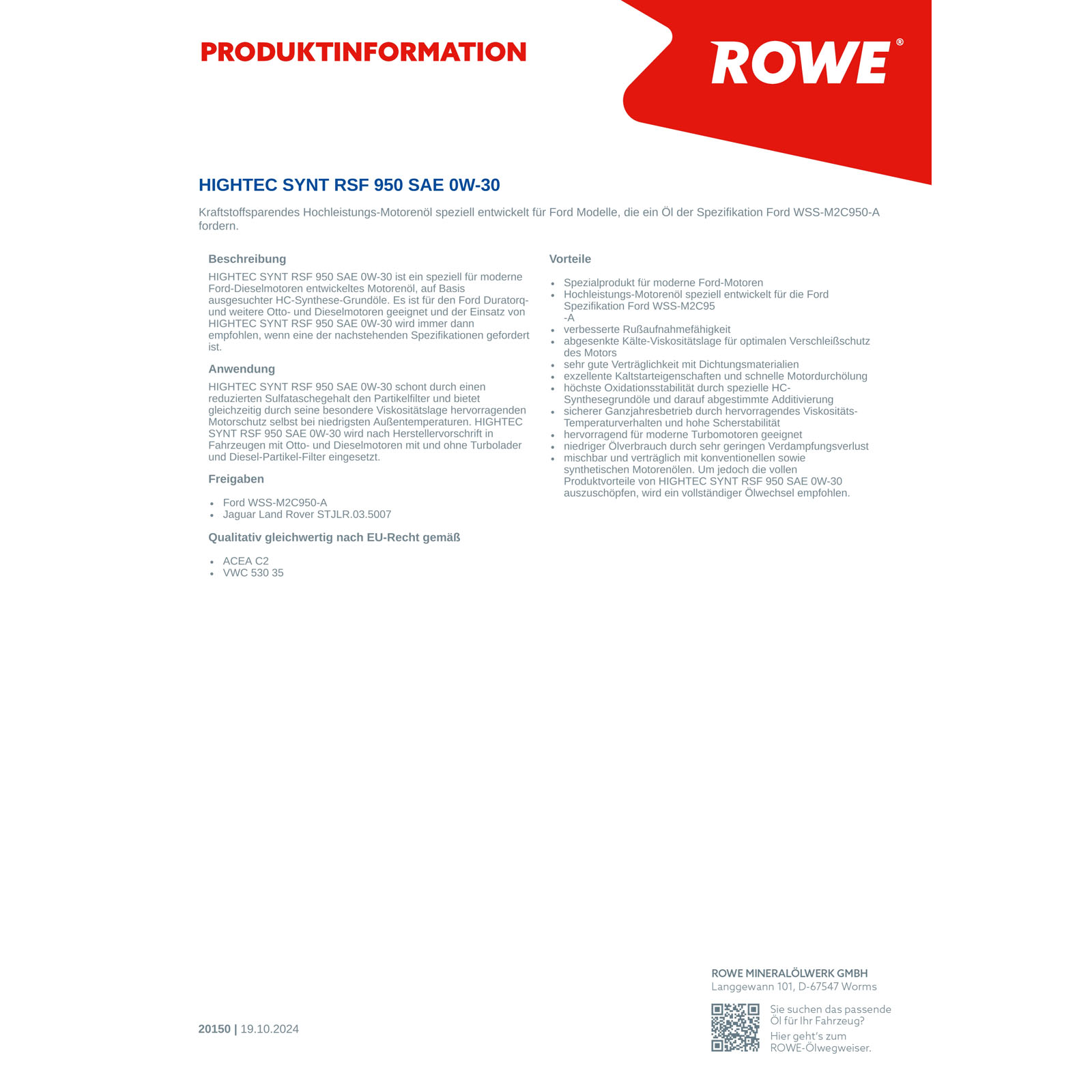 1L ROWE HIGHTEC SYNT RSF 950 0W-30 Motoröl