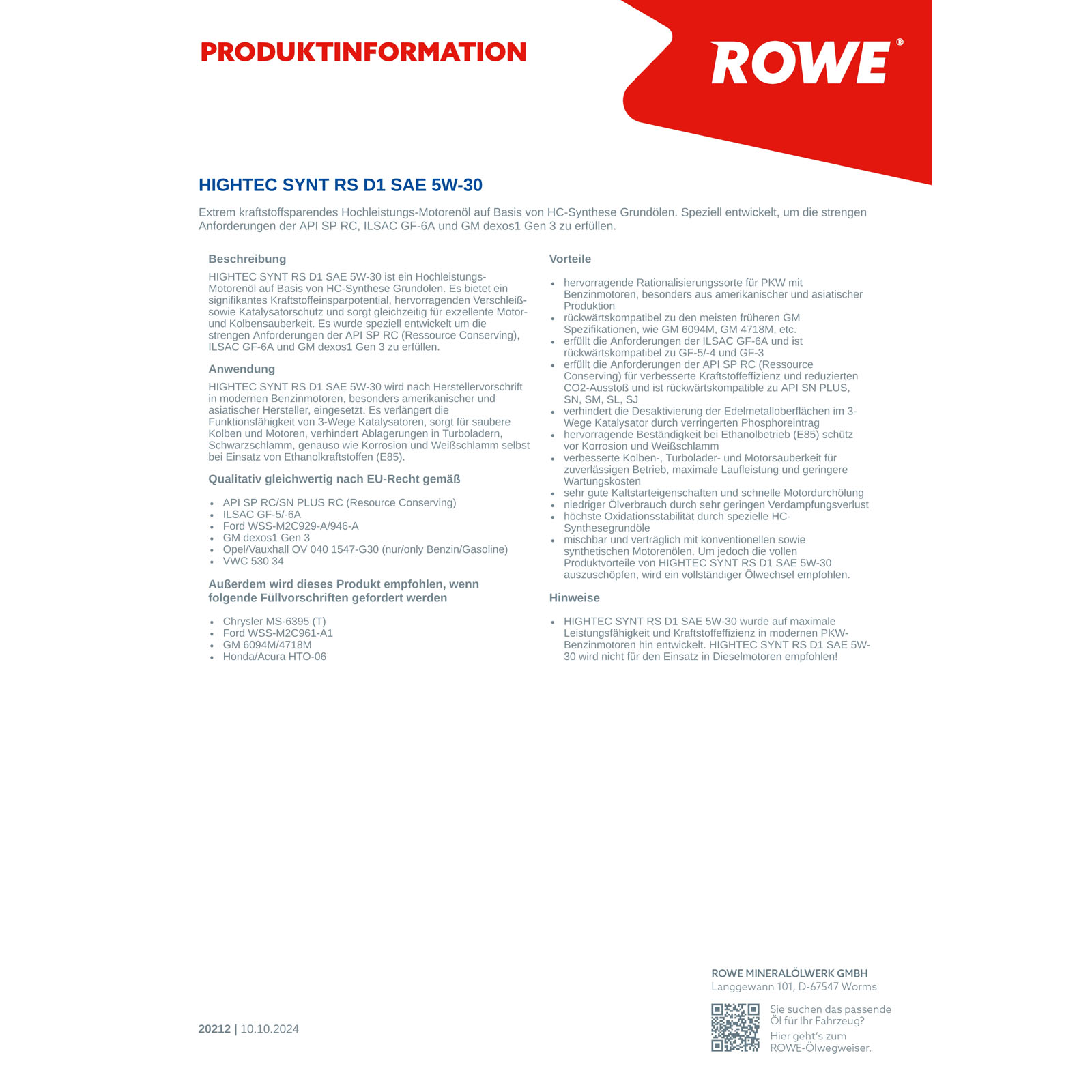 5L ROWE HIGHTEC SYNT RS D1 5W-30 Motoröl