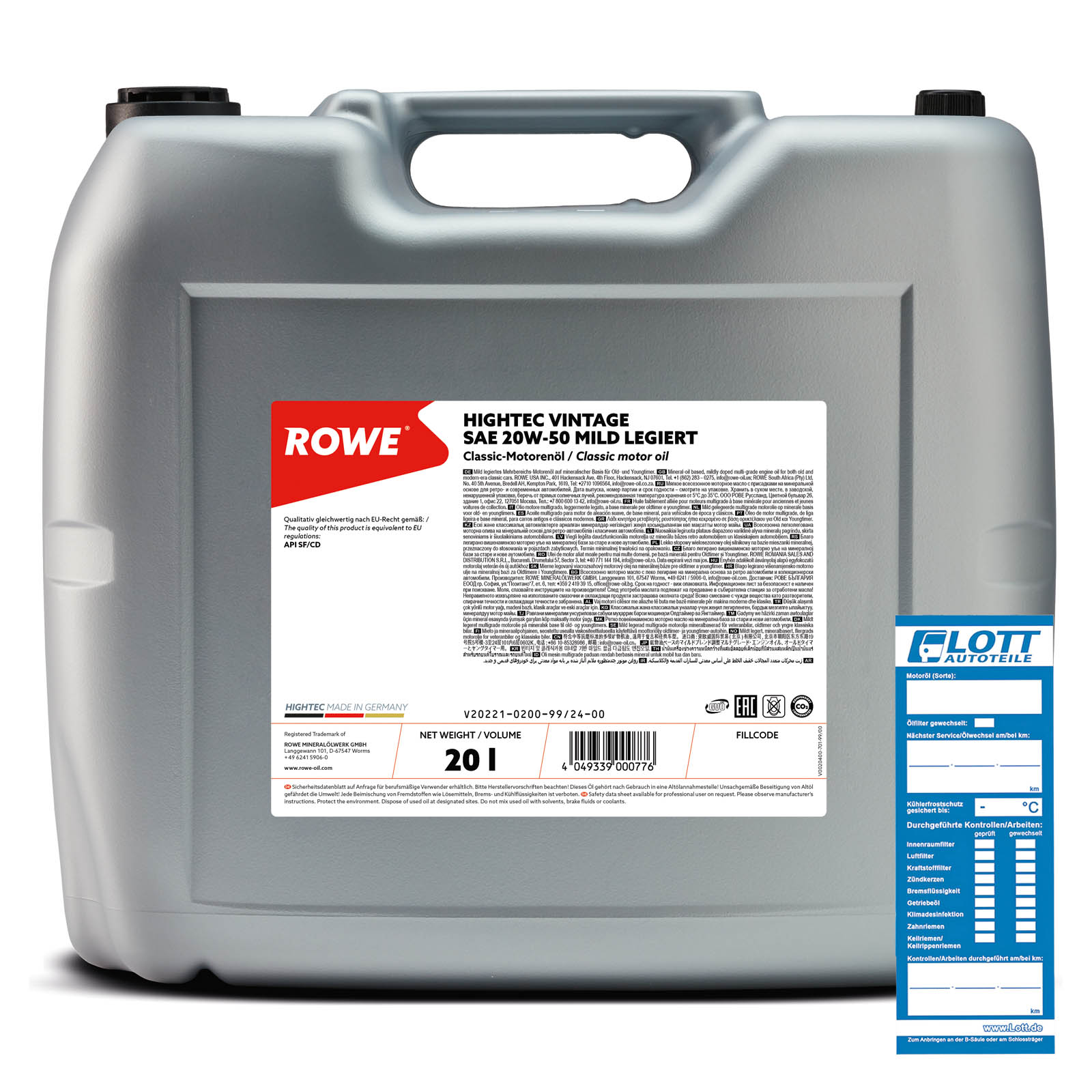 20 Liter ROWE Vintage Öl Mild Legiert Hightec API SF SAE 20W-50 Oldtimer Motoröl