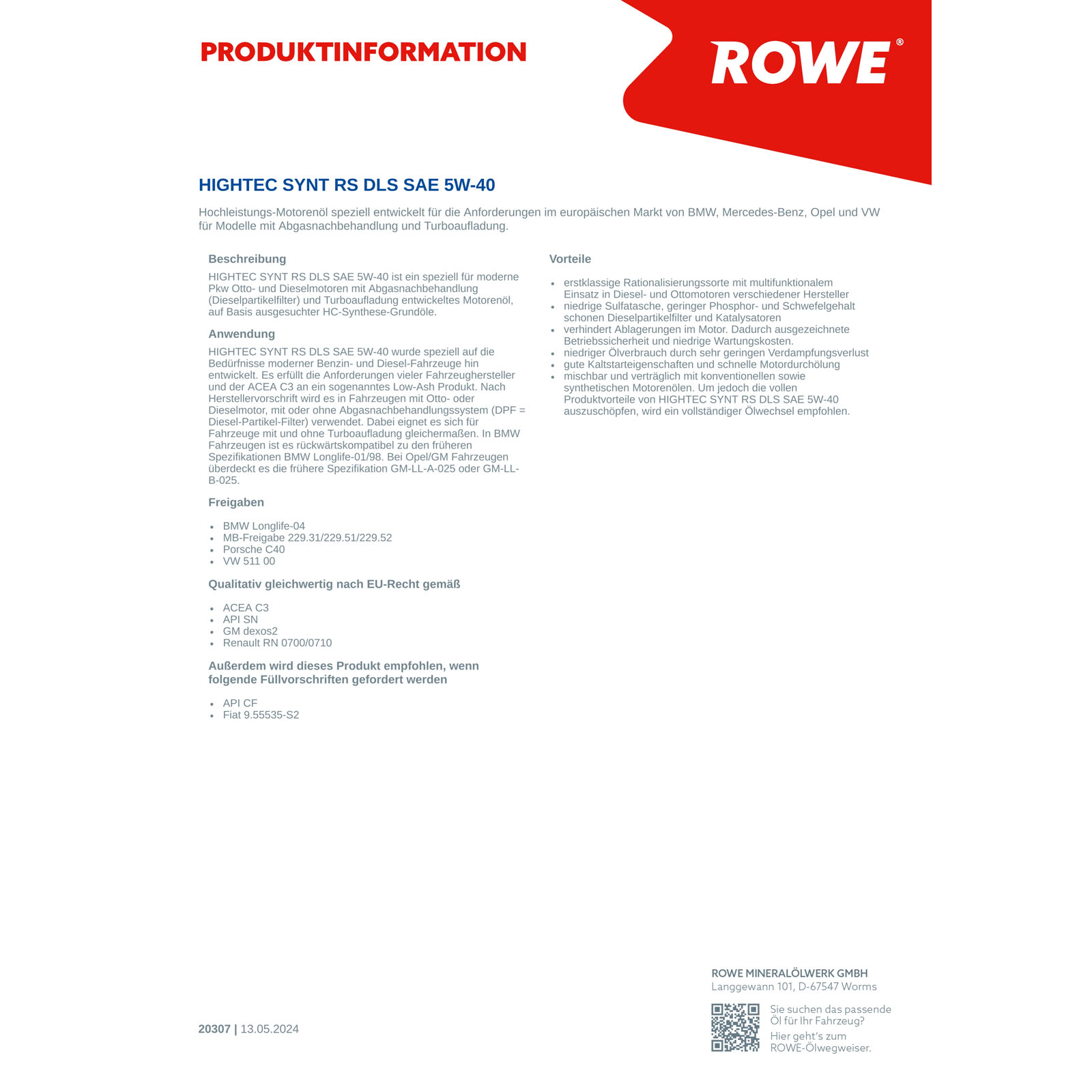 2x 5L ROWE Motoröl HIGHTEC SYNT RS DLS SAE 5W-40 20307-0050-99
