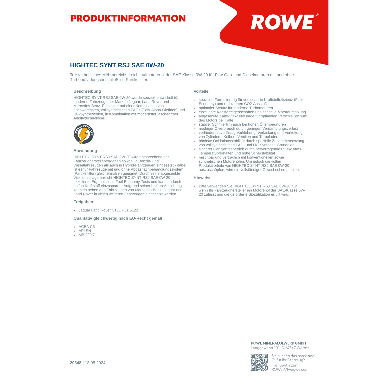 ROWE Motoröl 5L Liter HIGHTEC SYNT RSJ SAE 0W-20