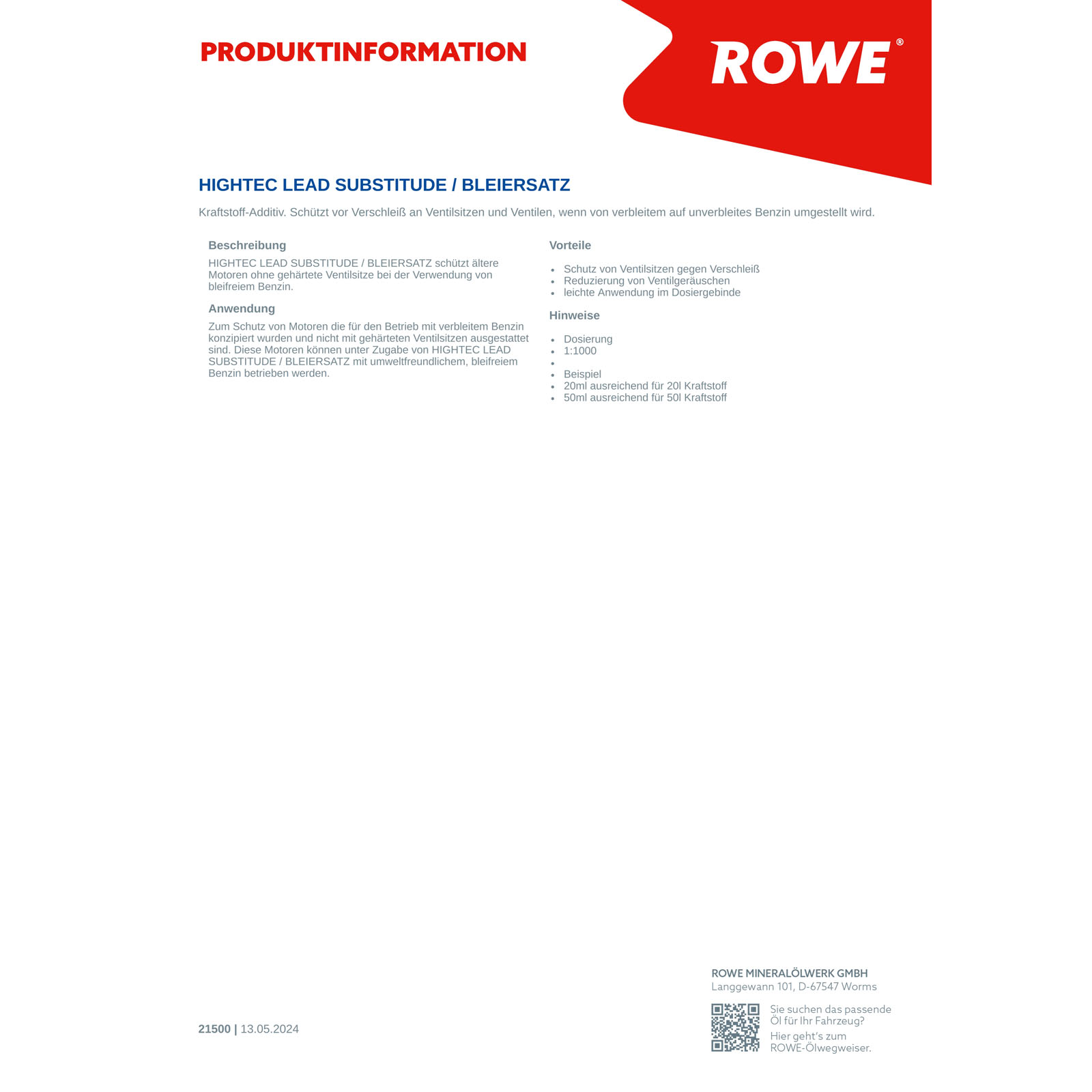 ROWE Kraftstoffadditiv 0,25 L Liter HIGHTEC LEAD SUBSTITUDE