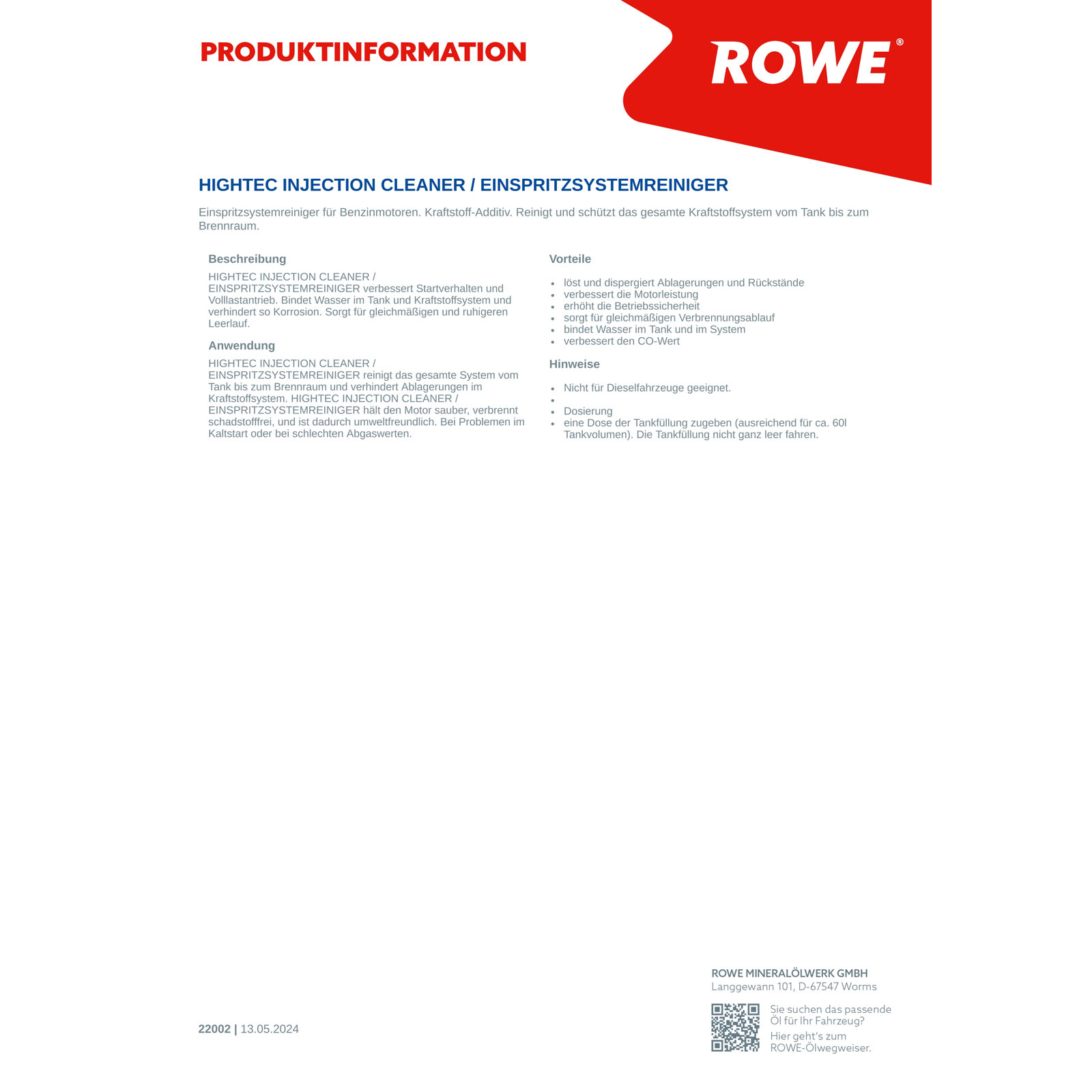 250ml ROWE HIGHTEC INJECTION CLEANER EINSPRITZSYSTEMREINIGER