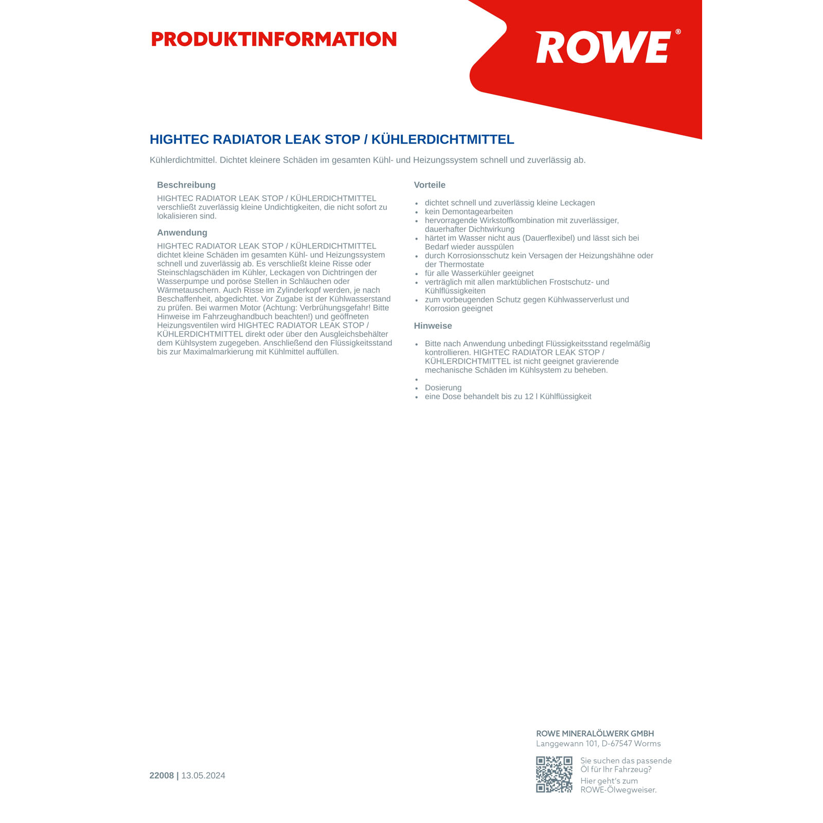 250ml ROWE HIGHTEC RADIATOR LEAK STOP KÜHLERDICHTMITTEL