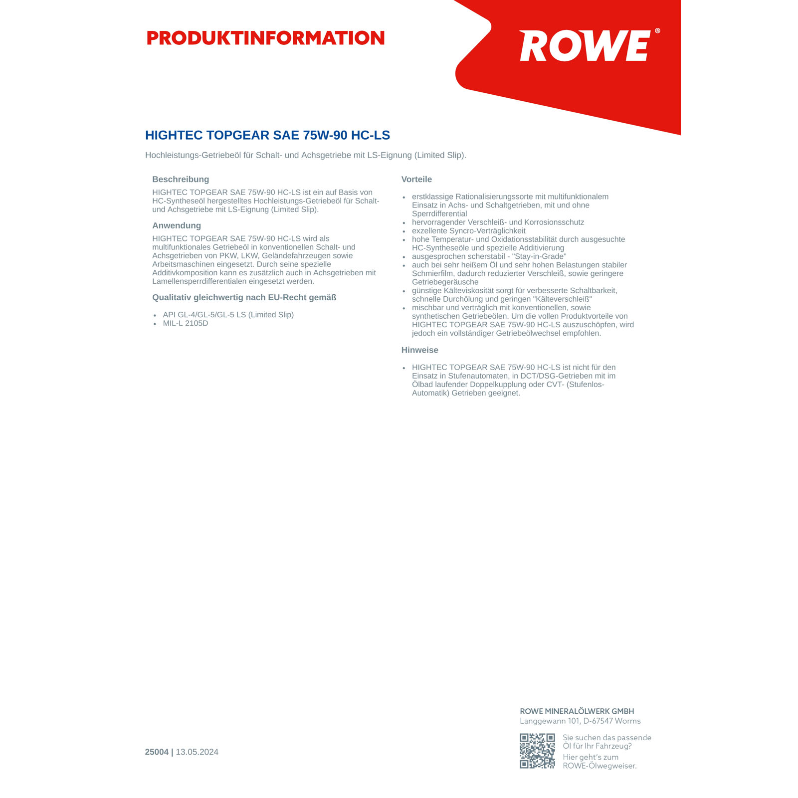 ROWE Getriebeöl HIGHTEC TOPGEAR SAE 75W-90 HC-LS (25004)
