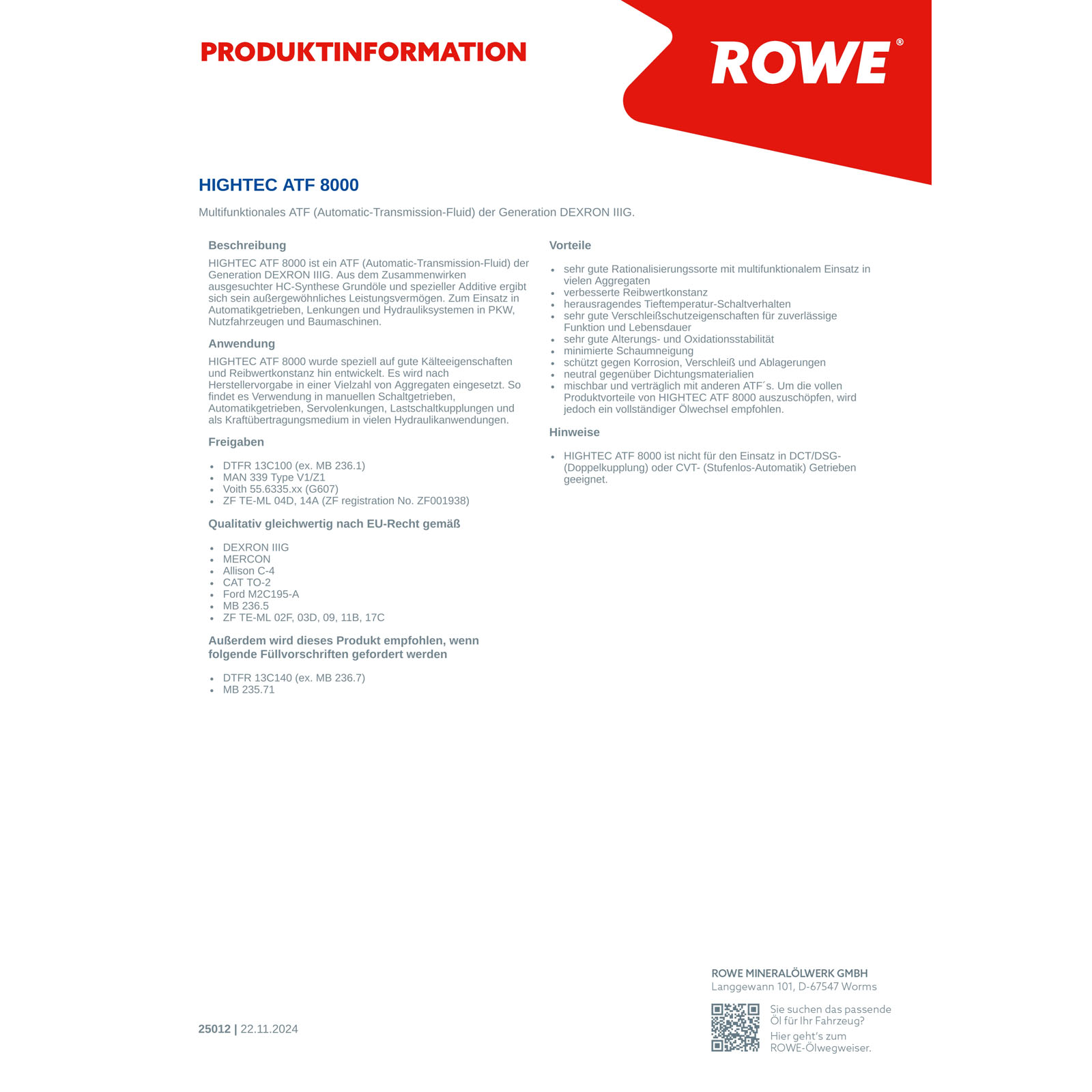 4x 5L ROWE Getriebeöle Schaltgetriebe HIGHTEC ATF 8000 25012-0050-99