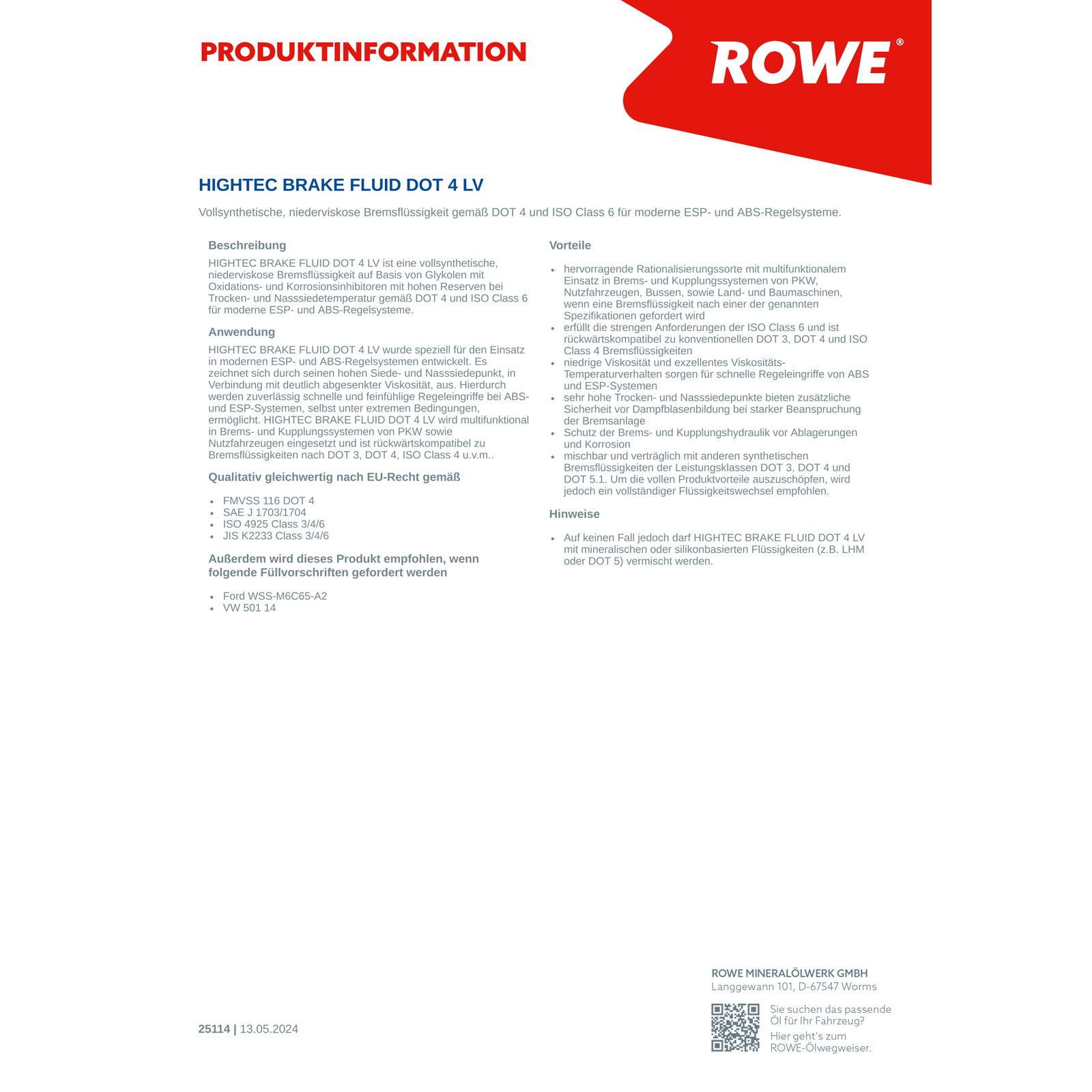 ROWE Bremsflüssigkeit 5L Liter HIGHTEC BRAKE FLUID DOT 4 LV