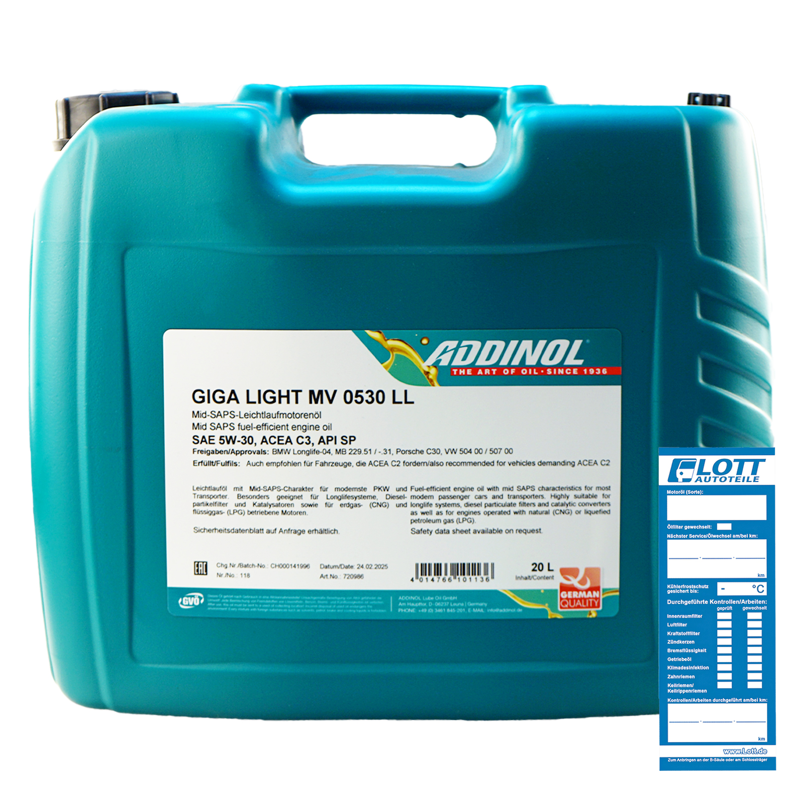 20L ADDINOL GIGA LIGHT MV 5W-30 Motoröl ACEA C3 passend für BMW LL ...