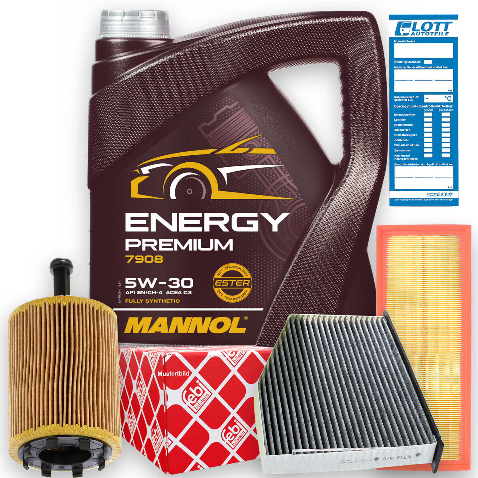 Febi Ölfilter + Luftfilter + Innenraumfilter + 4L Mannol Energy Premium Motoröl 5W-30 API SN/CH-4 ACEA C3