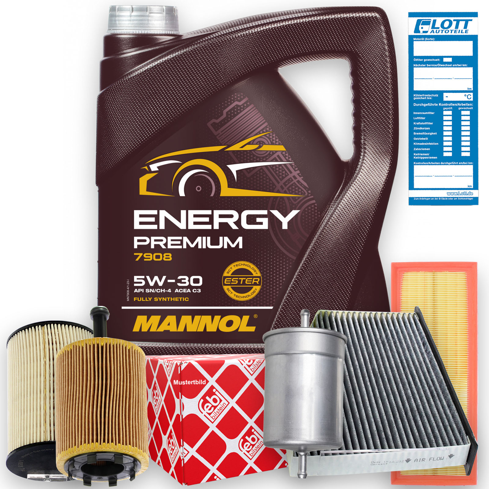 Febi Ölfilter + Luftfilter + Innenraumfilter + Kraftstofffilter + 4L Mannol Energy Premium Motoröl 5W-30 API SN/CH-4 ACEA C3