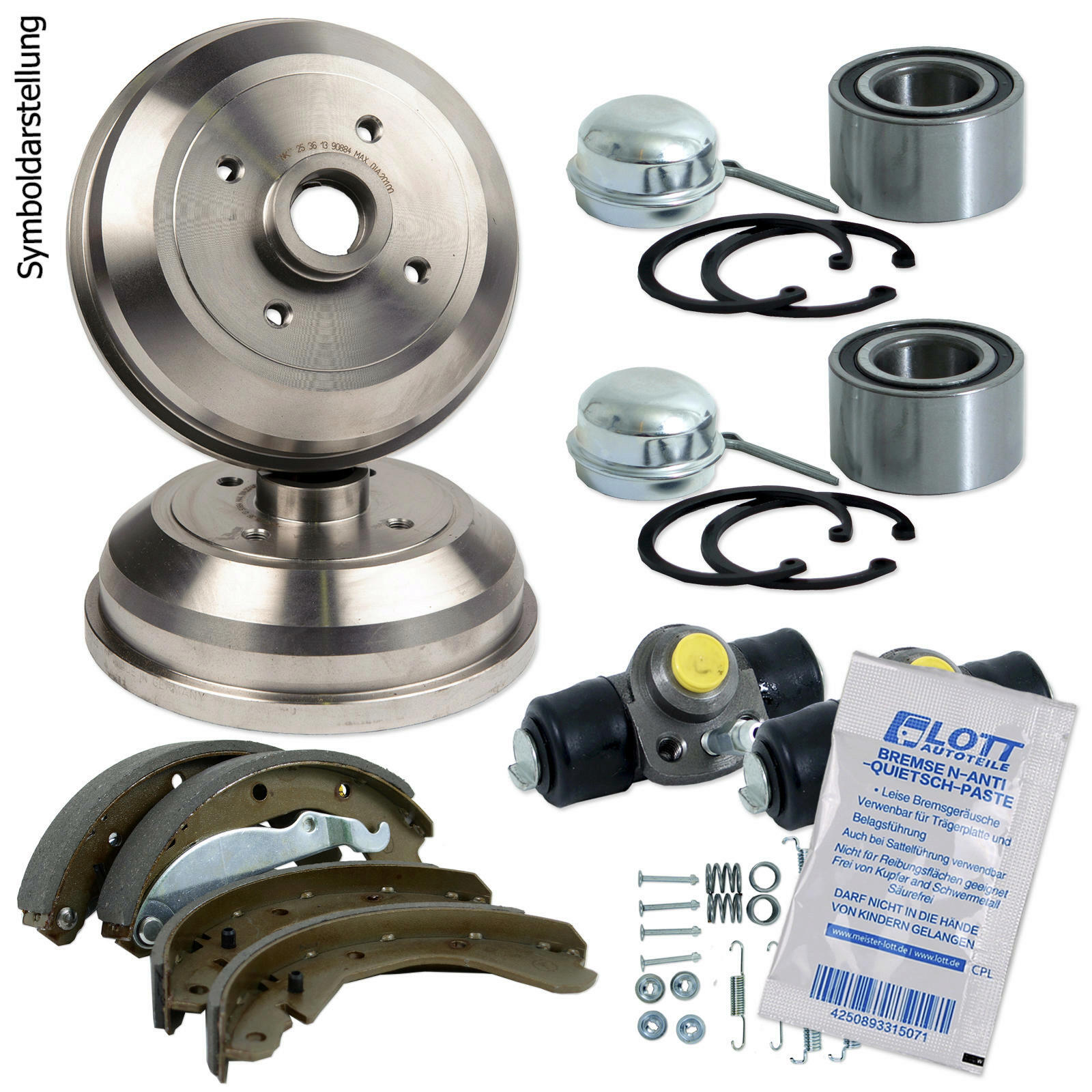 BREMSTROMMELN + BREMSBACKEN + RADBREMSZYLINDER + MONTAGESATZ + RADLAGER