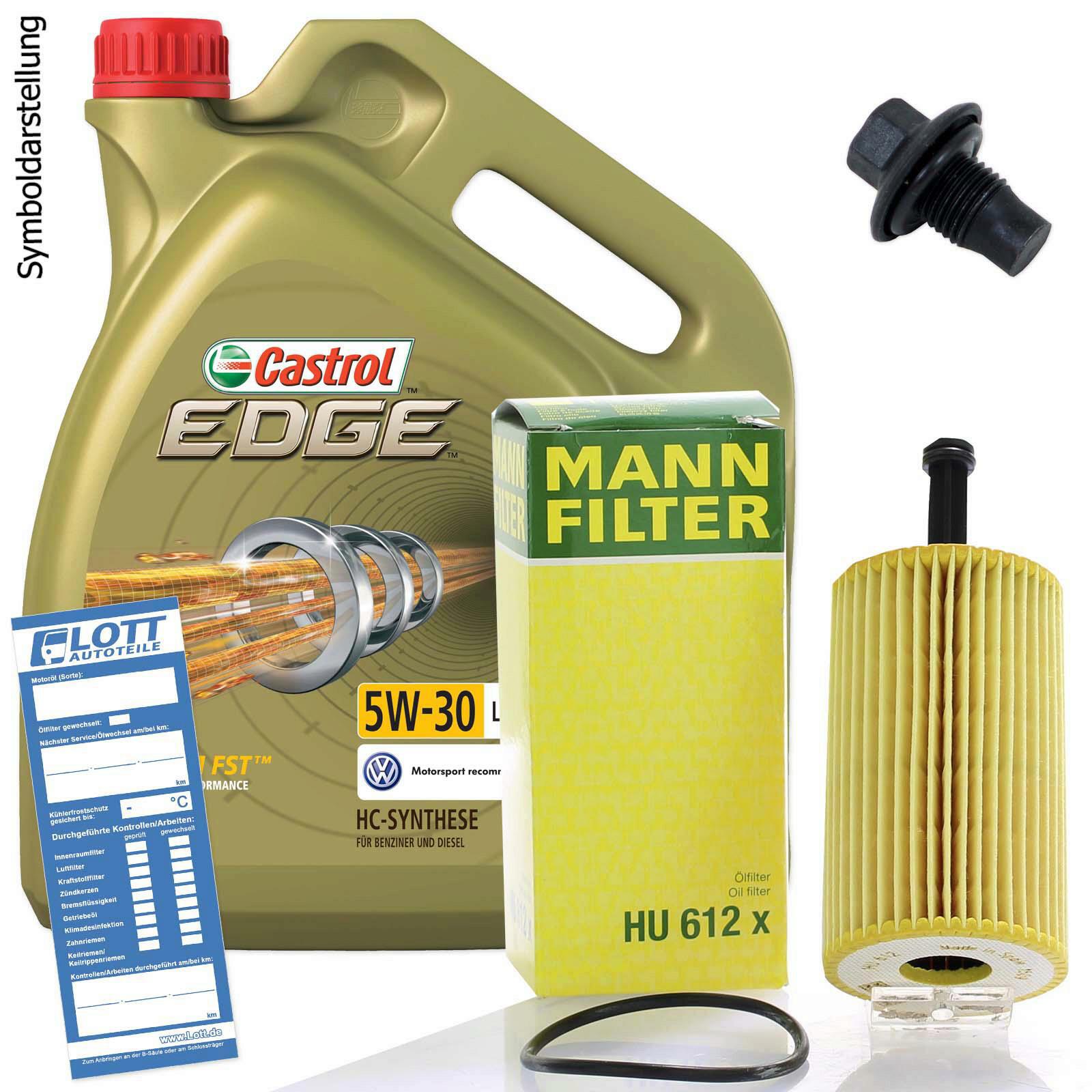 Ölwechsel Set 5L 5W30 Öl Motoröl CASTROL + MANN Ölfilter + Ablassschraube