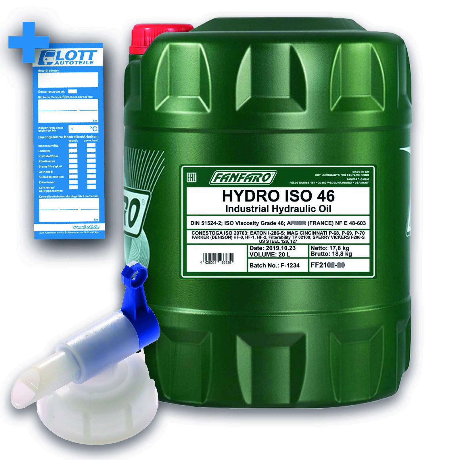 20L Fanfaro Hydraulik&ouml;l Hydro ISO 46 Industrie &Ouml;l Mineral&ouml;l + Auslaufhahn FF2102-20