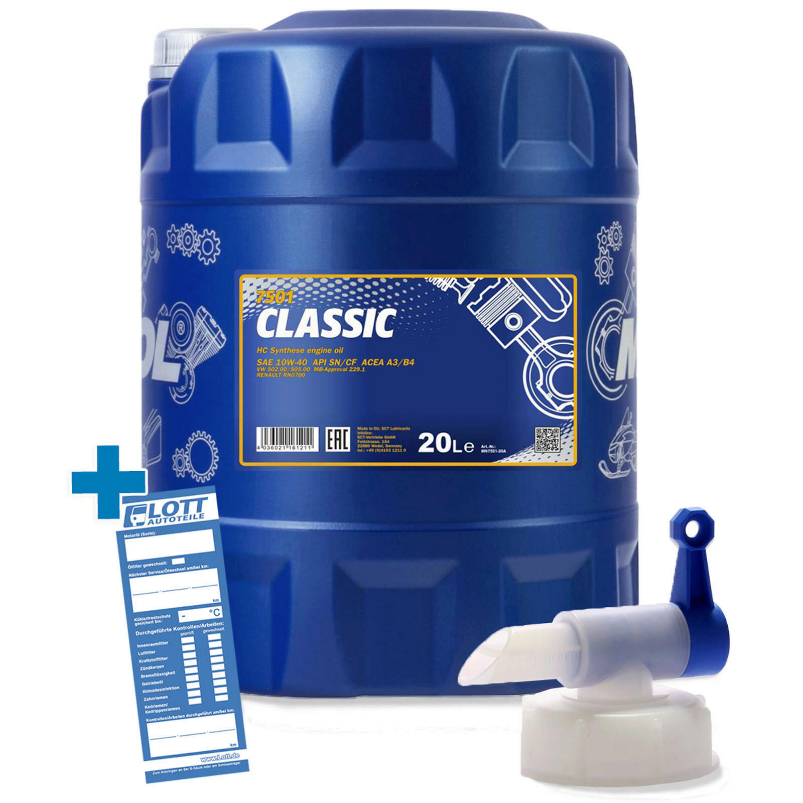 20L Mannol Classic 10W-40 Motorenöl ACEA A3/B4 Motoröl + Hahn passend für MB VW RENAULT