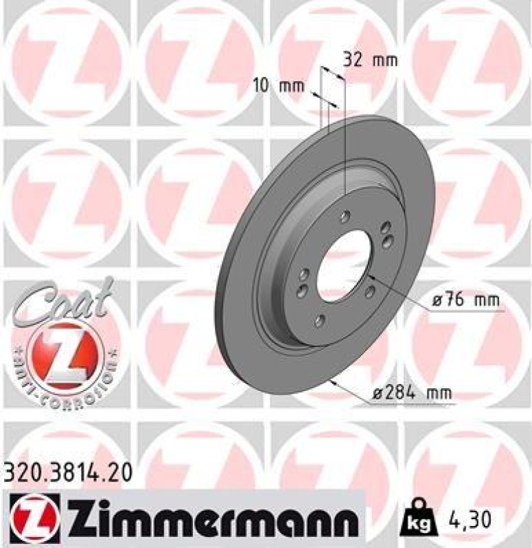 2x Zimmermann Bremsscheiben Coat Z Ø284mm Hinten passend für Hyundai i30 KIA 1.4 320.3814.20