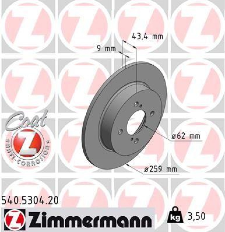 2x Zimmermann Bremsscheiben Coat Z Ø259mm Hinten passend für Suzuki Swift 4 1.2 540.5304.20