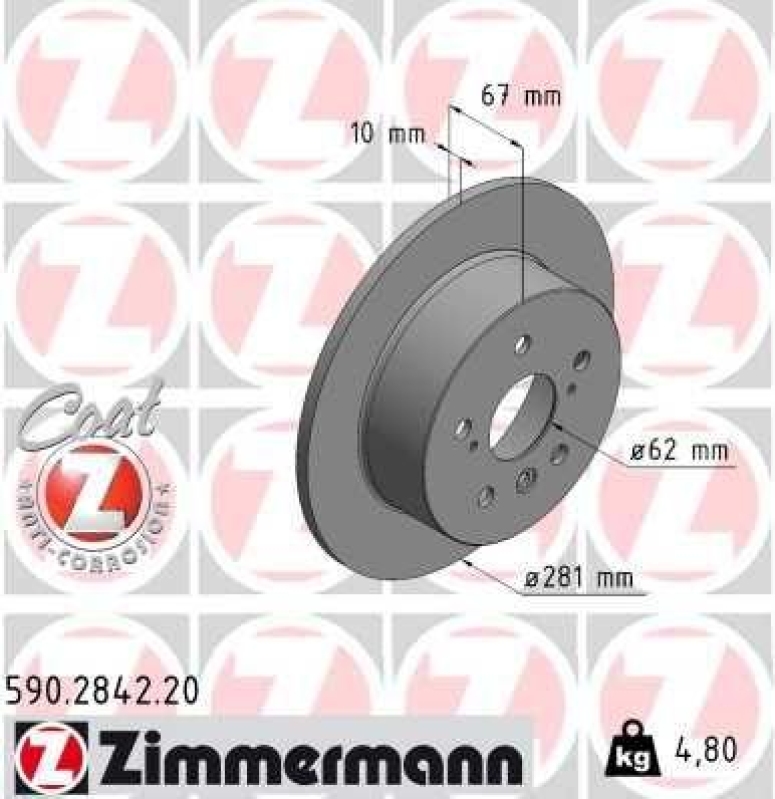 2x Zimmermann Bremsscheiben Coat Z Ø281mm Hinten passend für Toyota Camry Aurion 590.2842.20