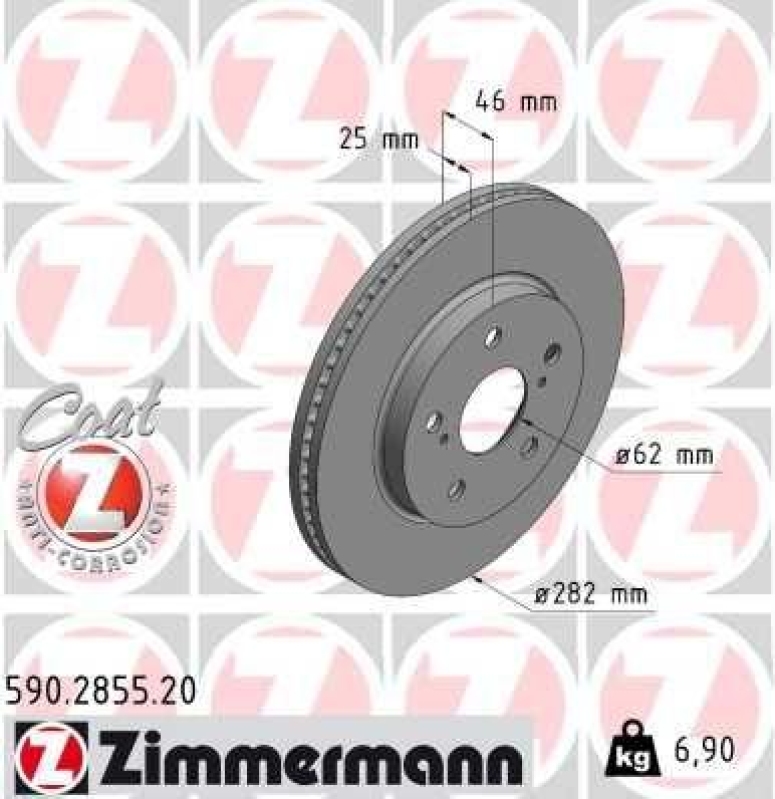 2x Zimmermann Bremsscheiben Coat Ø282mm Vorne passend für Toyota Corolla Suzuki 590.2855.20