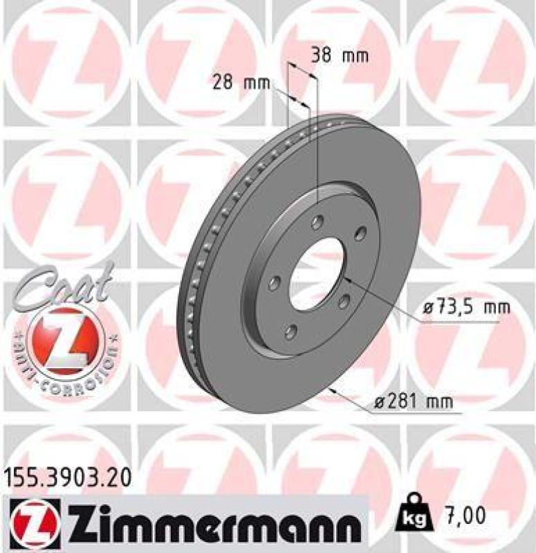 2x Zimmermann Bremsscheiben Coat Z Ø281mm Vorne passend für Chrysler Voyager 4 155.3903.20
