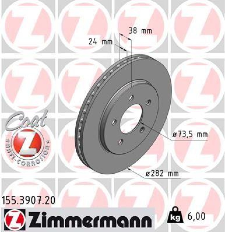 2x Zimmermann Bremsscheiben Coat Z Ø282mm Vorne passend für Chrysler Voyager 3 155.3907.20