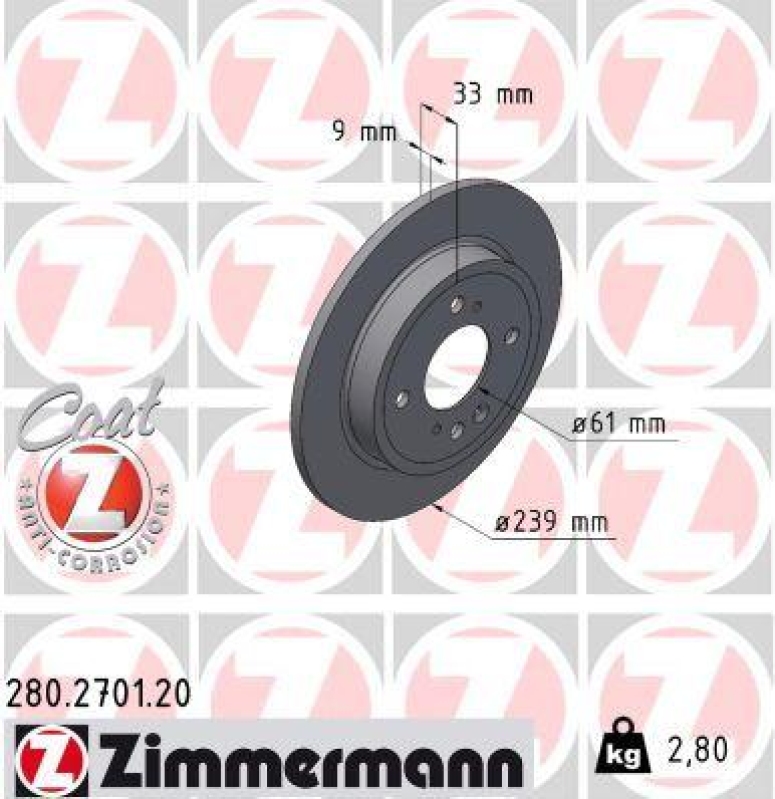 2x ZIMMERMANN Bremsscheibe COAT Z 280.2701.20
