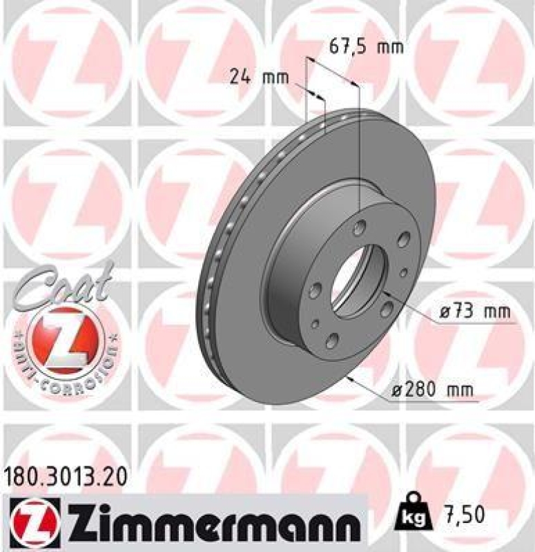 2x Zimmermann Bremsscheiben Coat Z Ø280mm Vorne passend für Fiat Ducato Peugeot 180.3013.20