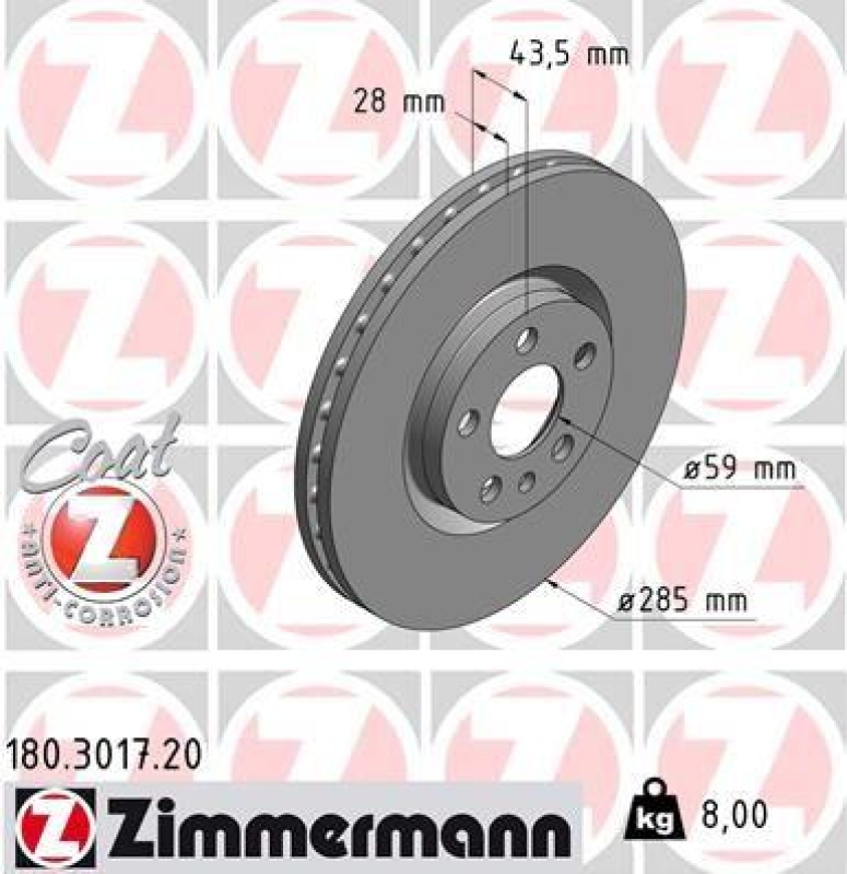2x Zimmermann Bremsscheiben Coat Z Ø285mm Vorne passend für Peugeot 807 Citroen 180.3017.20