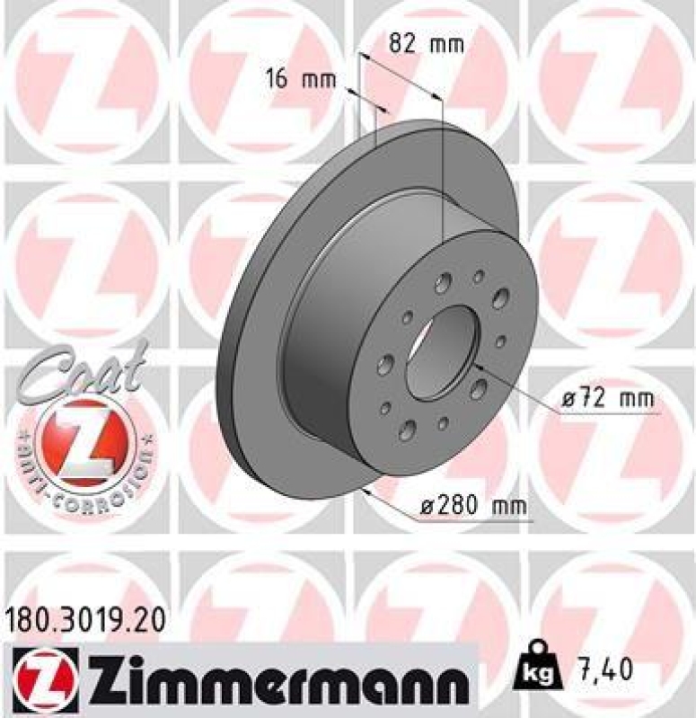 2x Zimmermann Bremsscheiben Coat Z Ø280mm Hinten passend für Fiat Ducato Citroen 180.3019.20