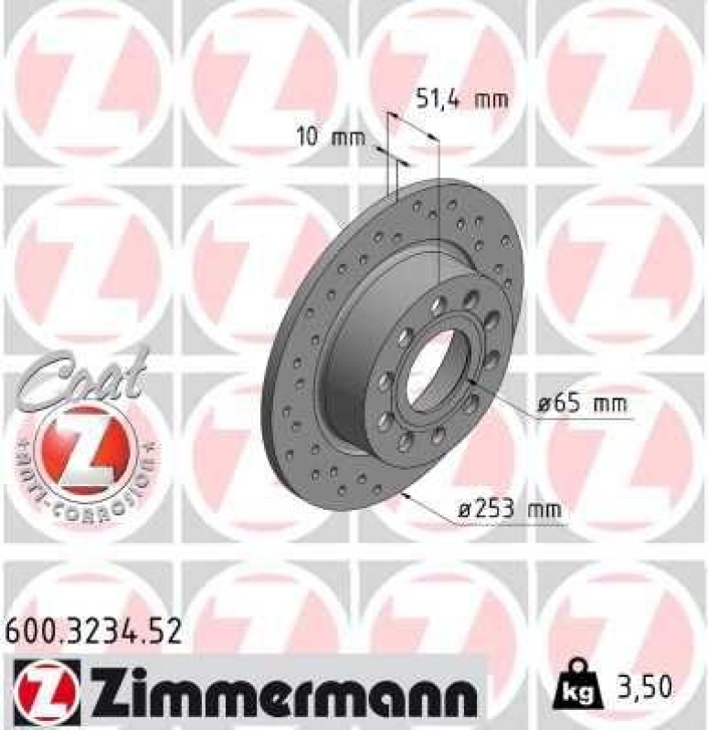2x Zimmermann Bremsscheiben Coat Z Ø253mm Hinten passend für VW Golf 5 6 Audi A3 600.3234.52