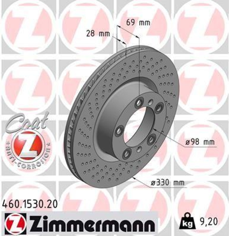 1x Zimmermann Bremsscheibe Coat Ø330mm Vorne rechts passend für Porsche Boxster 460.1530.20