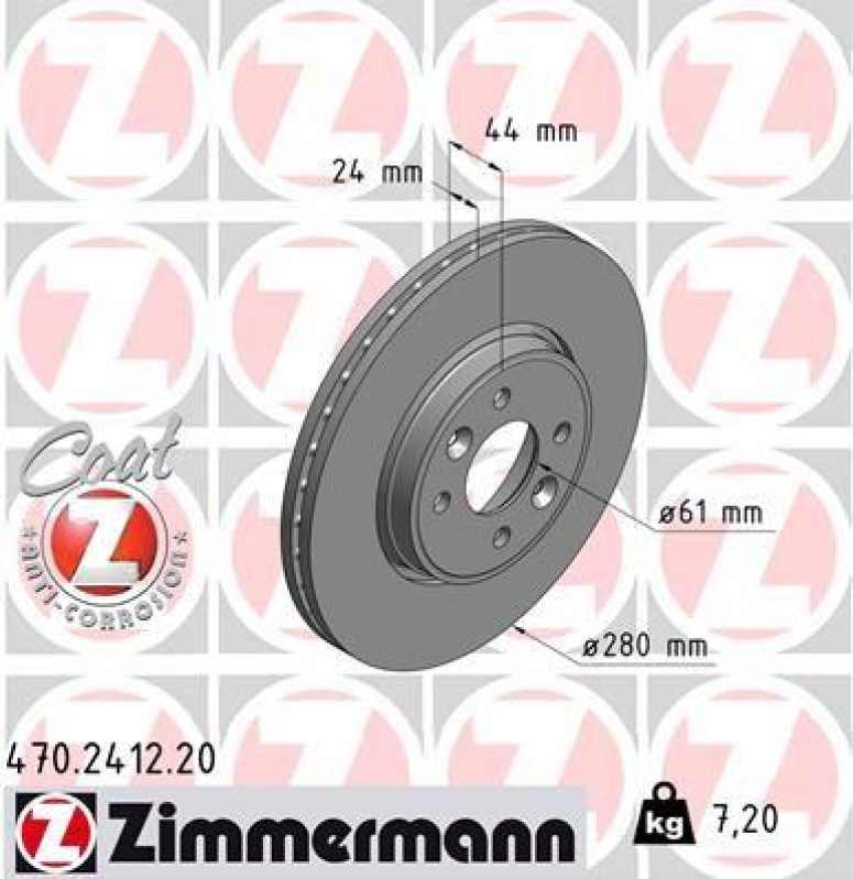 2x Zimmermann Bremsscheiben Coat Z Ø280mm Vorne passend für Renault Megane 2 1 470.2412.20