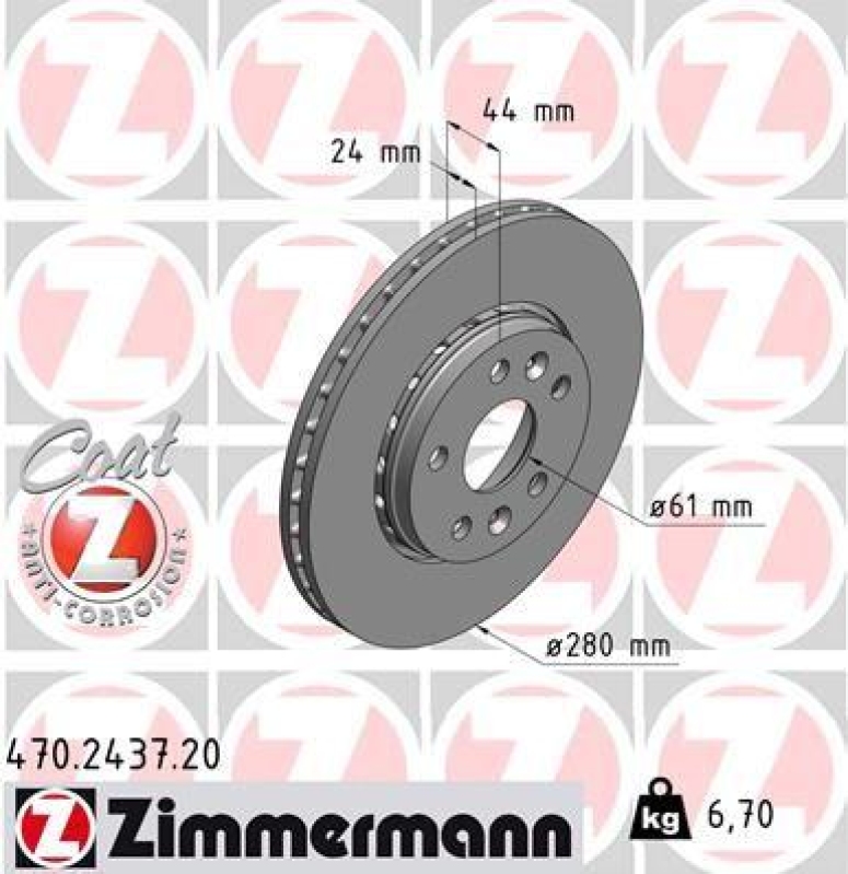 2x Zimmermann Bremsscheiben Ø280mm Vorne passend für Renault Kangoo Mercedes 470.2437.20