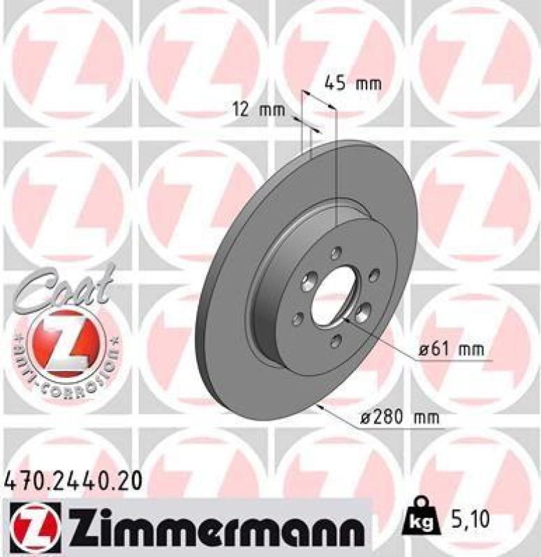 2x Zimmermann Bremsscheiben Coat Z Ø280mm Hinten passend für Renault Kangoo 1.6 470.2440.20