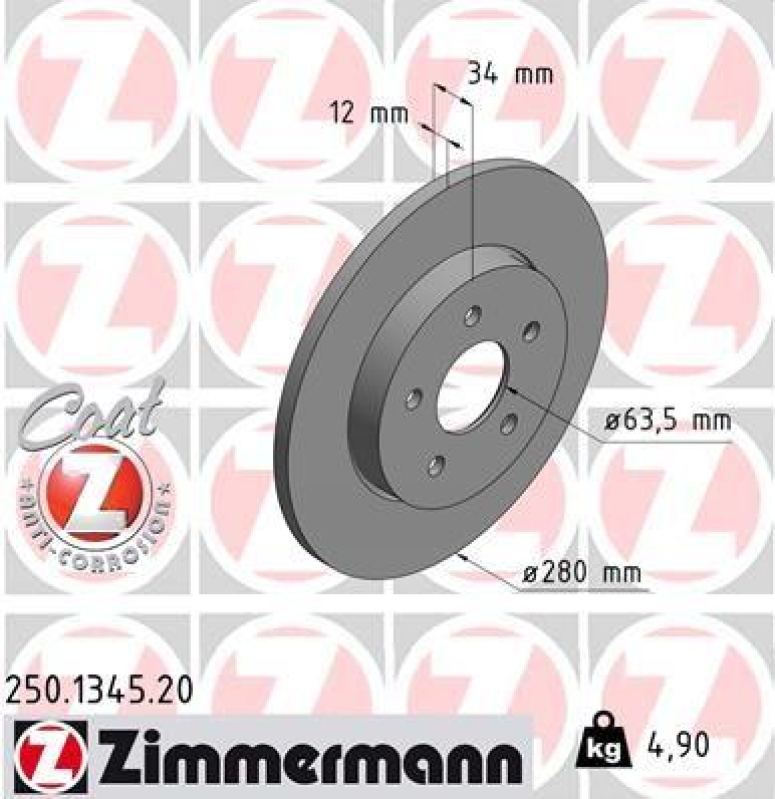 2x Zimmermann Bremsscheiben Coat Z Ø280mm Hinten passend für Ford Mondeo 3 1.8 250.1345.20