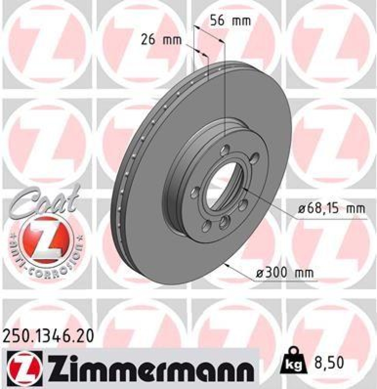 2x Zimmermann Bremsscheiben Coat Z Ø300mm Vorne passend für VW Sharan 7M8 Ford 1 250.1346.20