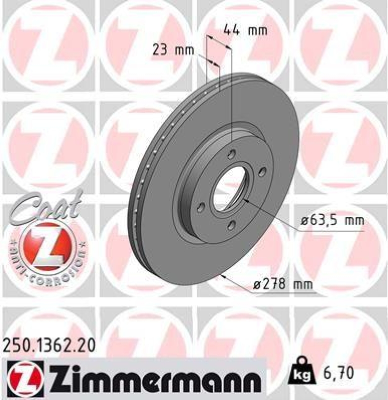 2x Zimmermann Bremsscheiben Coat Z Ø278mm Vorne passend für Ford Fiesta 6 B-MAX 250.1362.20