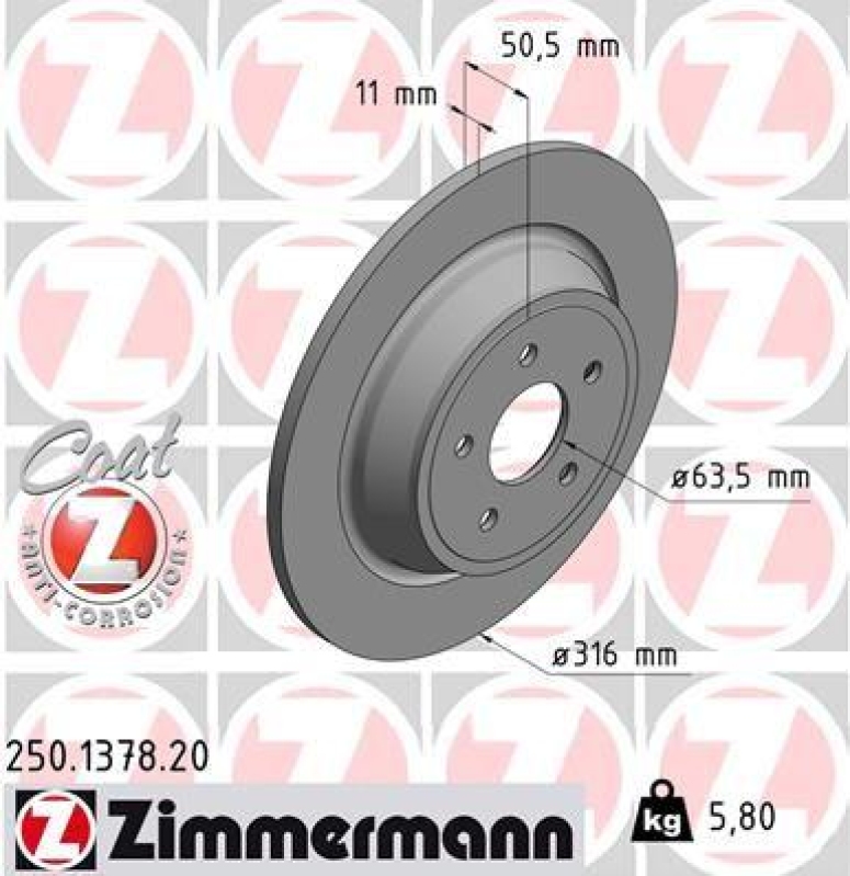 2x Zimmermann Bremsscheiben Coat Z Ø316mm Hinten passend für Ford Kuga 2 Mondeo 250.1378.20