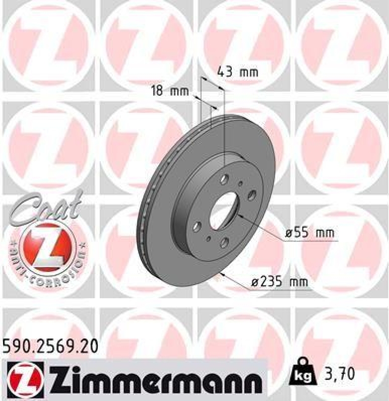2x Zimmermann Bremsscheiben Coat Z Ø235mm Vorne passend für Toyota Yaris Verso 590.2569.20