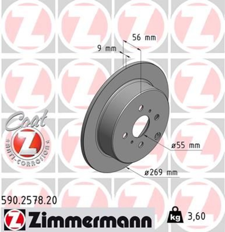 2x Zimmermann Bremsscheiben Coat Z Ø269mm Hinten passend für Toyota Yaris Verso 590.2578.20