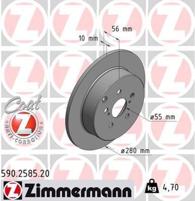 2x Zimmermann Bremsscheiben Coat Z Ø280mm Hinten passend für Toyota Avensis 1.8 590.2585.20