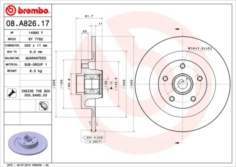 2x BREMBO Bremsscheibe PRIME LINE - With Bearing Kit