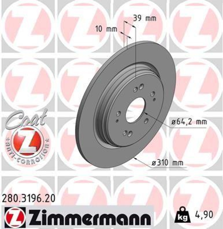 2x Zimmermann Bremsscheiben Coat Z Ø310mm Hinten passend für Honda CR-V 5 1.5 280.3196.20