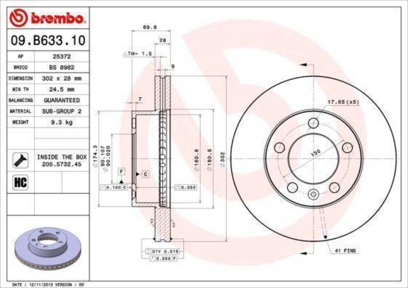 Brembo Bremsscheiben 302mm + Bremsbeläge Vorne passend für Renault Master Opel
