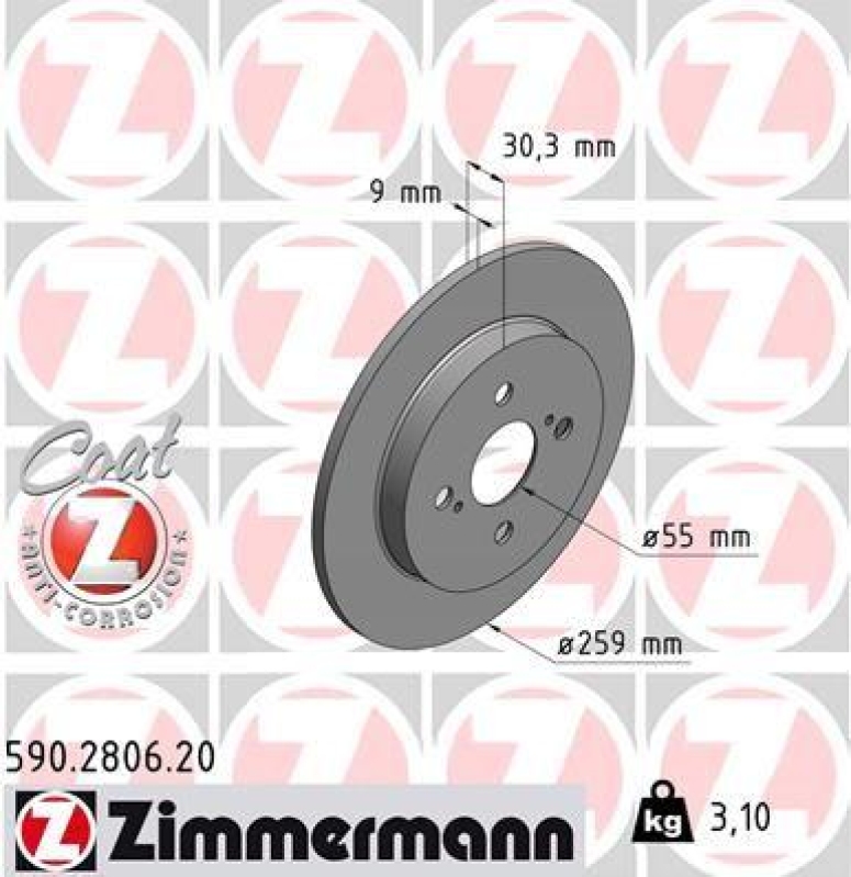 2x Zimmermann Bremsscheiben Coat Z Ø259mm Hinten passend für Toyota Yaris 1.0 IQ 590.2806.20