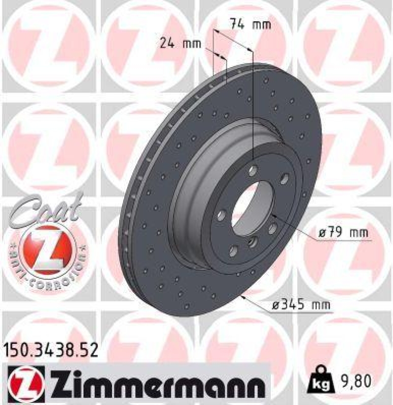 2x Zimmermann Bremsscheiben Coat Z Ø345mm Hinten passend für BMW 7 E65 E66 E67 150.3438.52