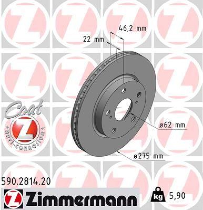 2x Zimmermann Bremsscheiben Coat Z Ø275mm Vorne passend für Toyota Auris 1.6 1.4 590.2814.20