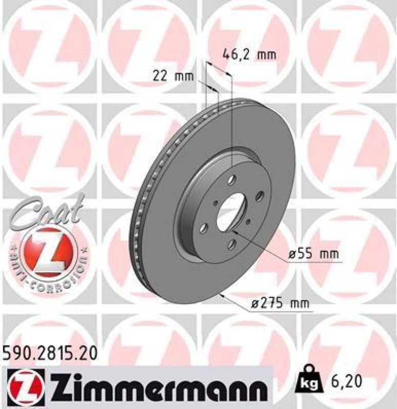 2x Zimmermann Bremsscheiben Coat Z Ø275mm Vorne passend für Toyota Yaris 1.0 1.3 590.2815.20
