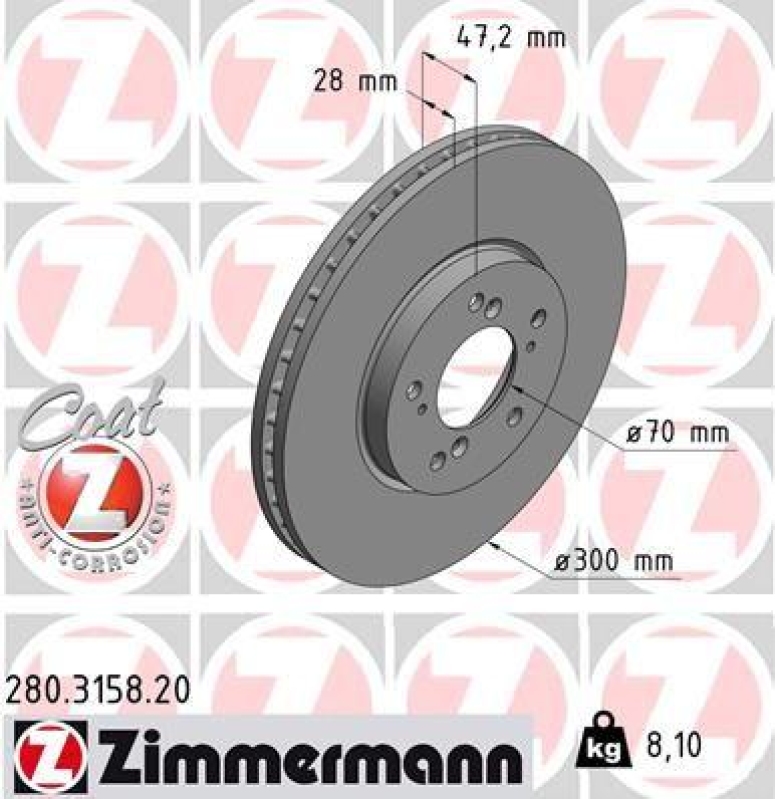 2x Zimmermann Bremsscheiben Coat Z Ø300mm Vorne passend für Honda Accord 6 2.2 280.3158.20