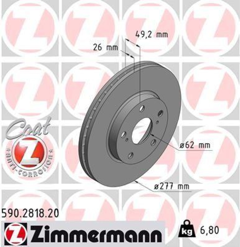 2x Zimmermann Bremsscheiben Coat Z Ø277mm Vorne passend für Toyota Auris 1.2 1.3 590.2818.20
